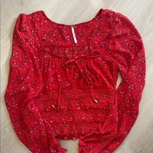 Free People Red Floral crop Blouse